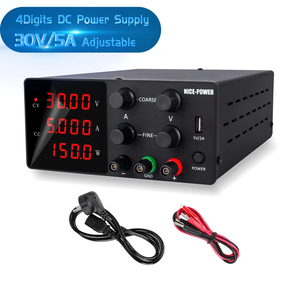 Лабораторный источник питания постоянного тока Kuaiqu SPS-W305 с регулируемым 4-разрядным дисплеем, 30В / 5А, цвет черный