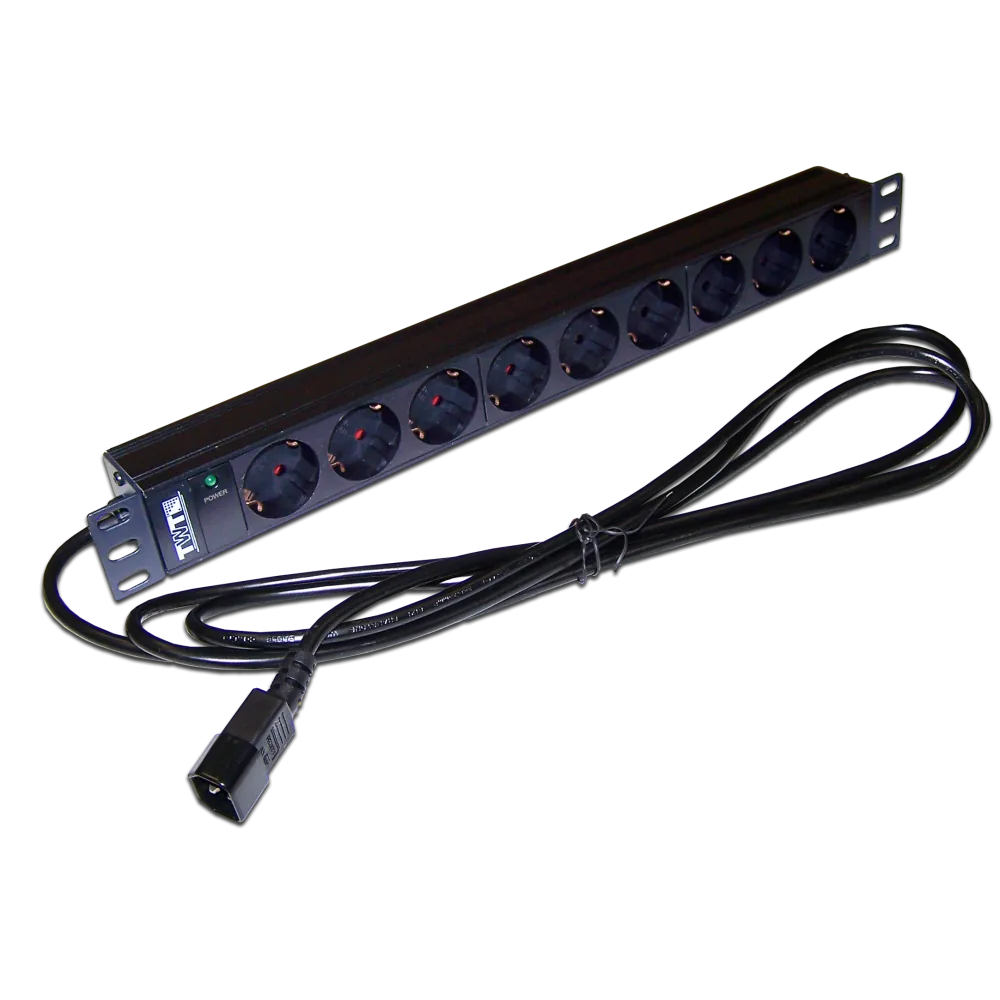 Блок розеток LANMASTER 19", 1-фазный без выключателя, 10 A/250V, 9xSchuko, шнур 3.0 м, разъем C14