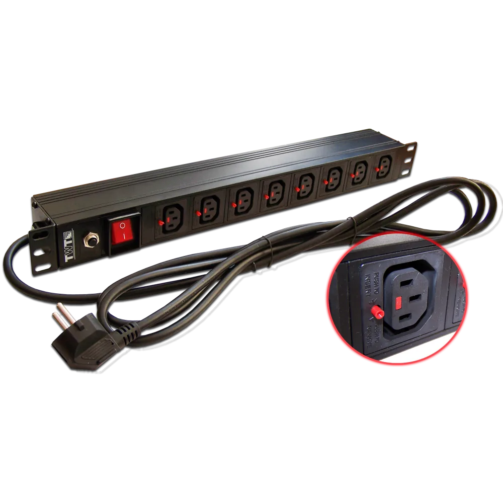 Блок розеток LANMASTER 19" 8 шт. C13 с фиксатором вилки, 10 A/250V, шнур питания 3.0 м