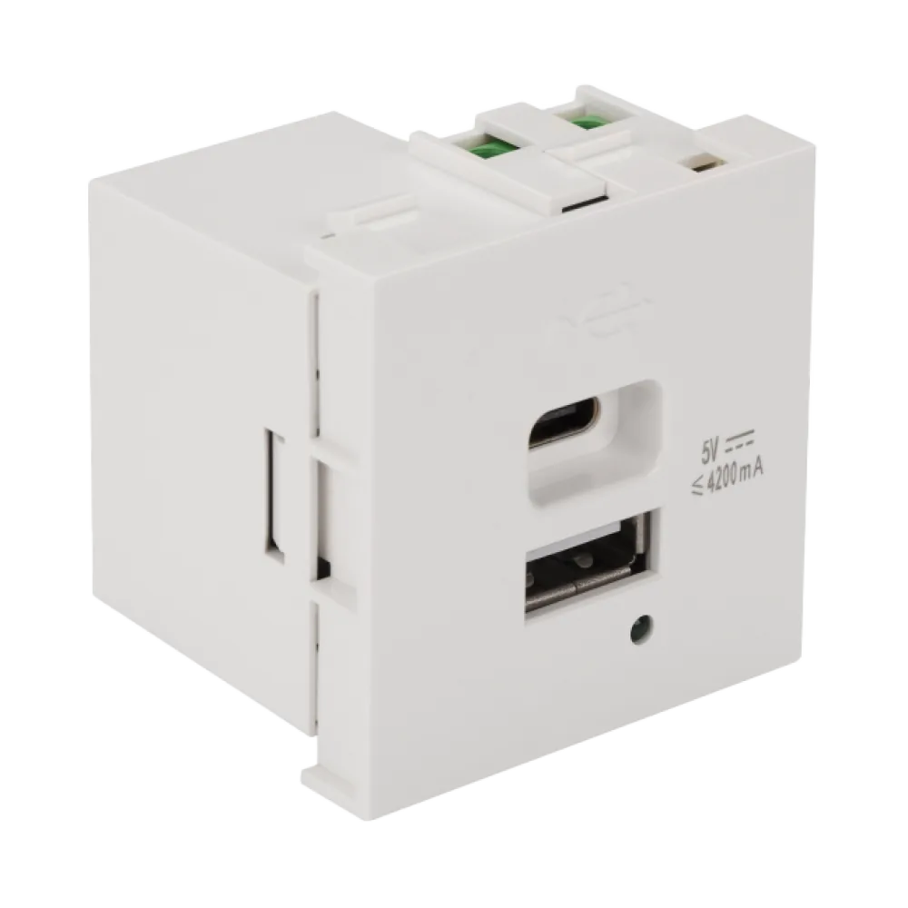 Модуль USB-зарядки LANMASTER 1 порт USB-C + 1 порт USB-A, 4.2 A/5V, 45*45, белый