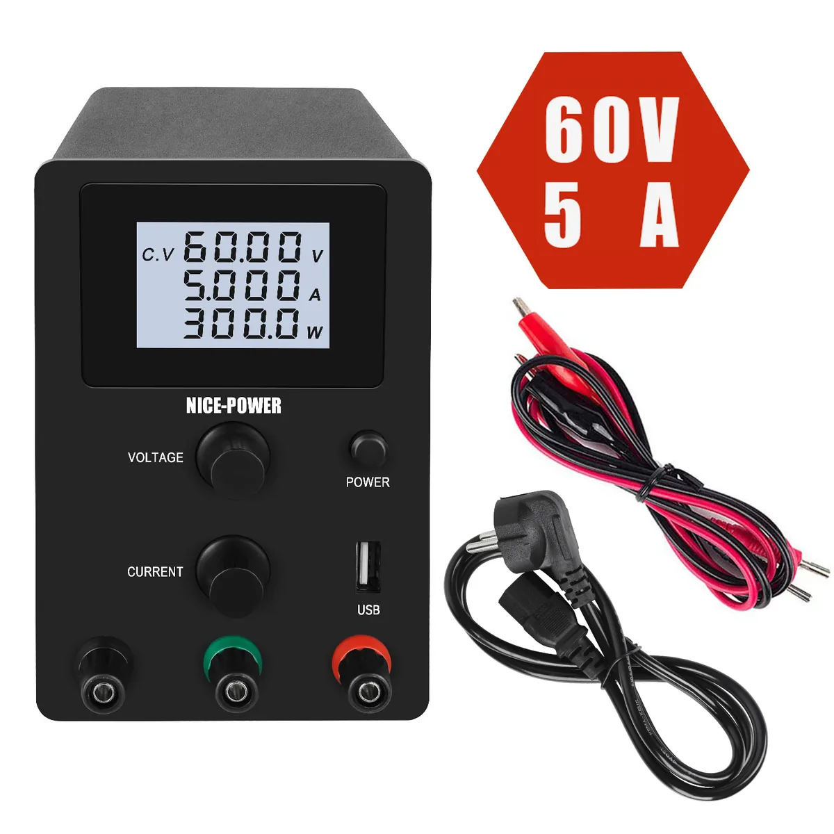 Лабораторный источник питания постоянного тока Kuaiqu R-SPS605 с 4-разрядным дисплеем, 60В / 5A, цвет черный